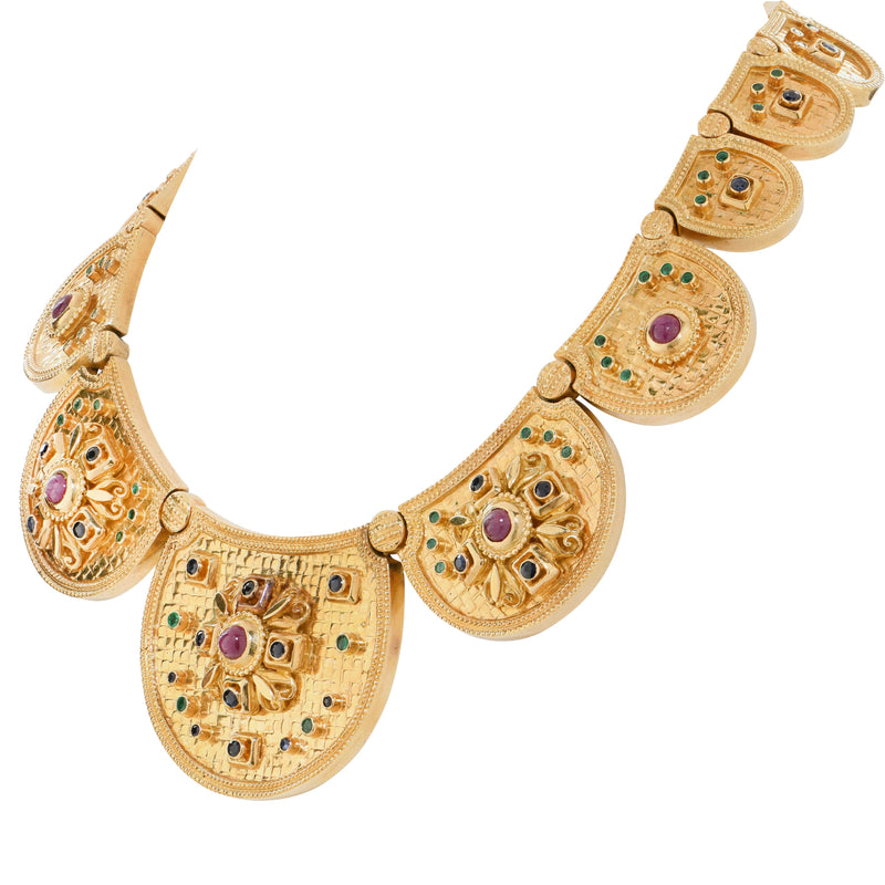 Ilias Lalaounis Etruscan Necklace with Rubies, Sapphires and Emeralds 18 Karat