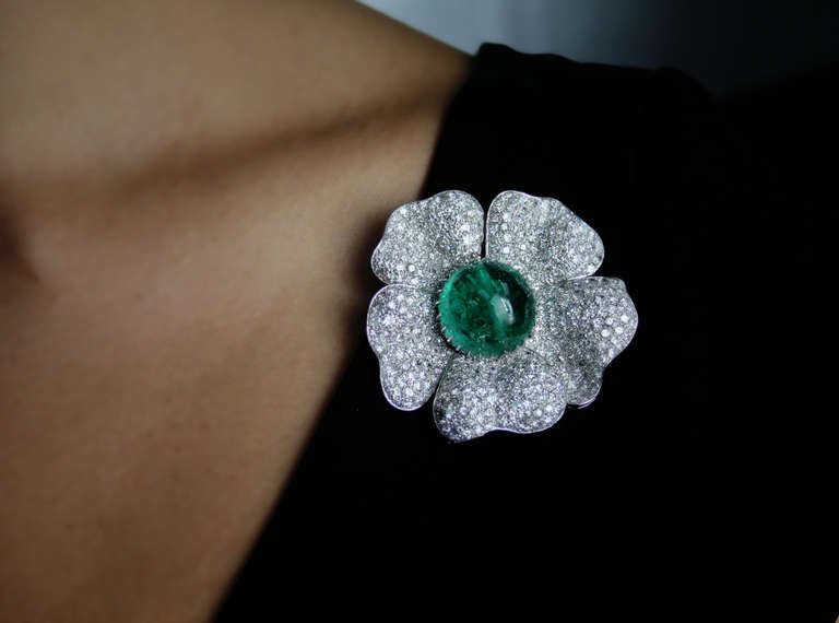 33.93 Carat Natural Cabochon Cut Emerald and 15 Carat Diamond Flower Brooch