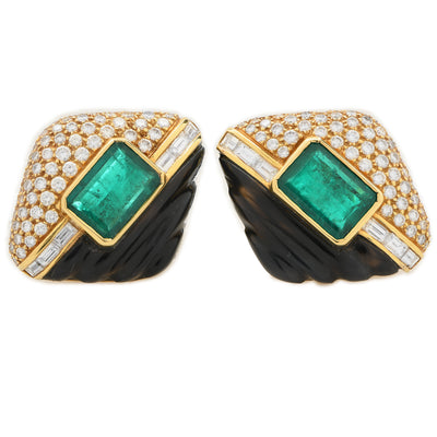 8 Carat GIA Graded Natural Colombian Emerald Earrings with Diamonds and Onyx