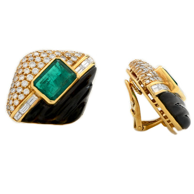 8 Carat GIA Graded Natural Colombian Emerald Earrings with Diamonds and Onyx