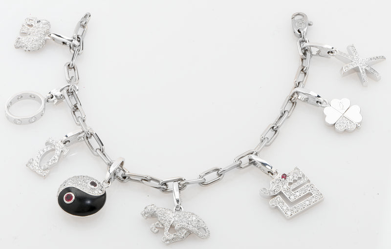 Cartier Charm Bracelet in 18 Karat White Gold With 8 Charms