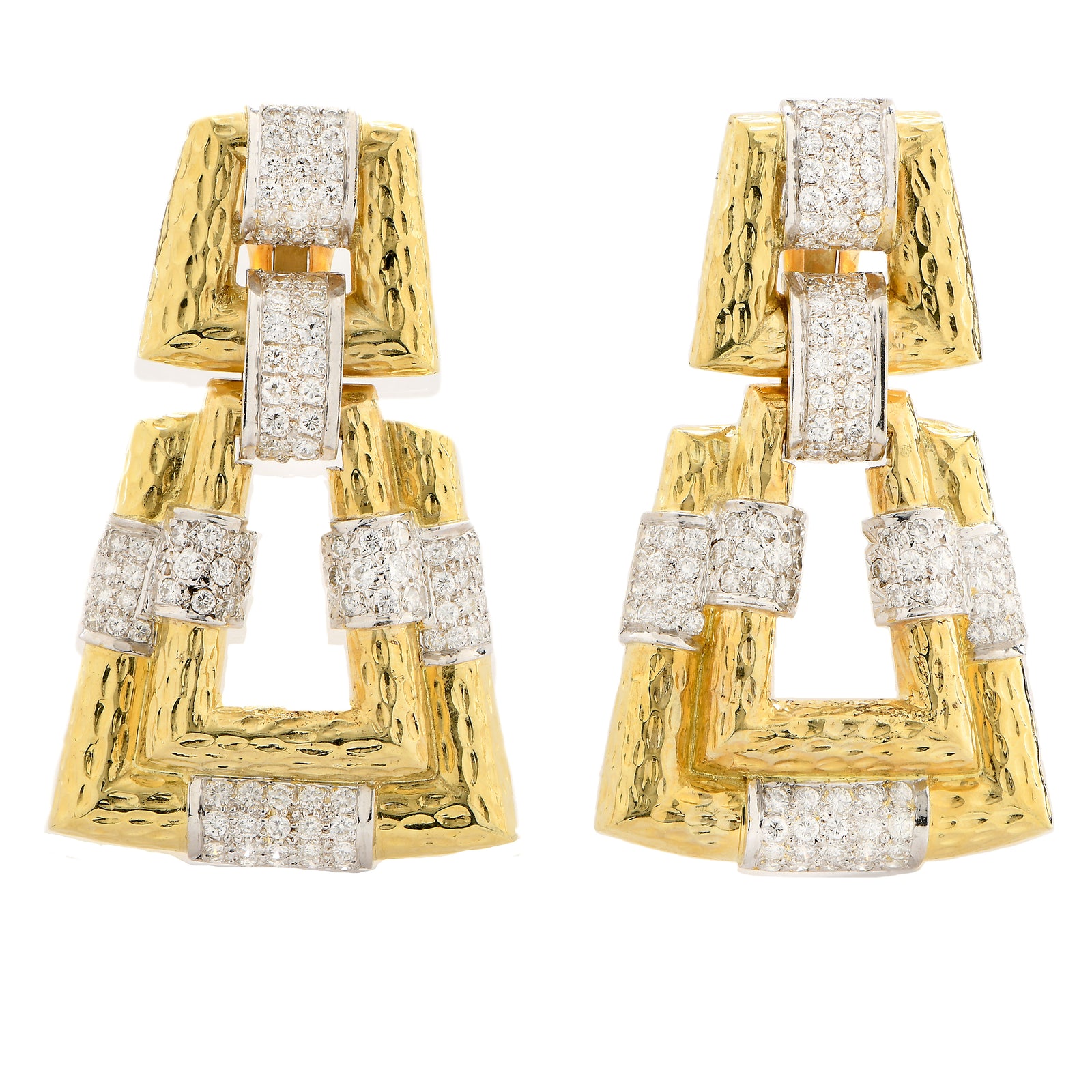 Andrew Clunn Vintage Hammered 18k Yellow Gold and Diamond Geometric Earrings