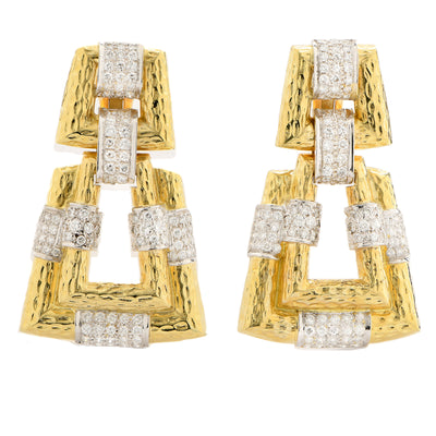Andrew Clunn Vintage Hammered 18k Yellow Gold and Diamond Geometric Earrings