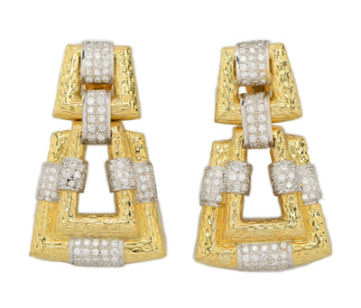 Andrew Clunn Vintage Hammered 18k Yellow Gold and Diamond Geometric Earrings