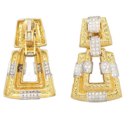 Andrew Clunn Vintage Hammered 18k Yellow Gold and Diamond Geometric Earrings