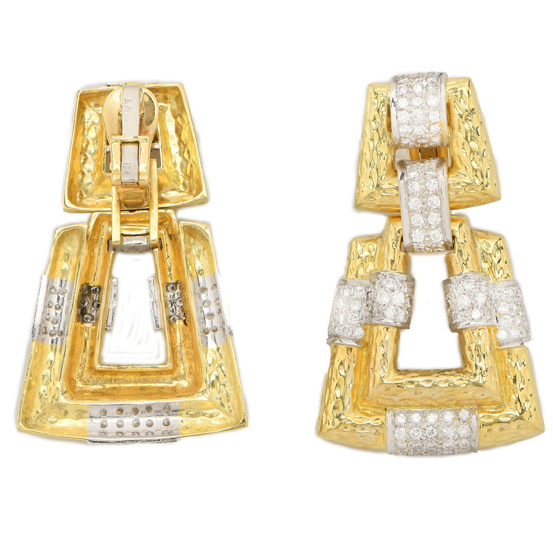 Andrew Clunn Vintage Hammered 18k Yellow Gold and Diamond Geometric Earrings