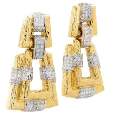 Andrew Clunn Vintage Hammered 18k Yellow Gold and Diamond Geometric Earrings
