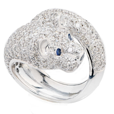 Wolf Motif Ring with Diamonds and Sapphires in 18 Karat White Gold