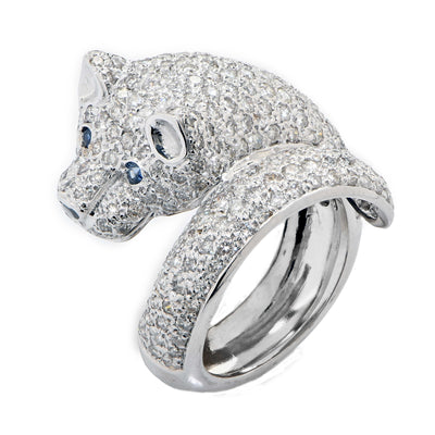 Wolf Motif Ring with Diamonds and Sapphires in 18 Karat White Gold