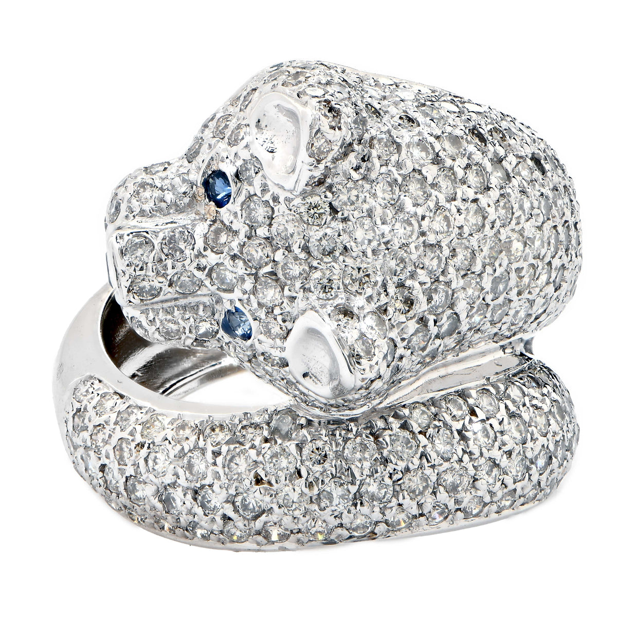 Wolf Motif Ring with Diamonds and Sapphires in 18 Karat White Gold