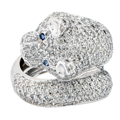 Wolf Motif Ring with Diamonds and Sapphires in 18 Karat White Gold