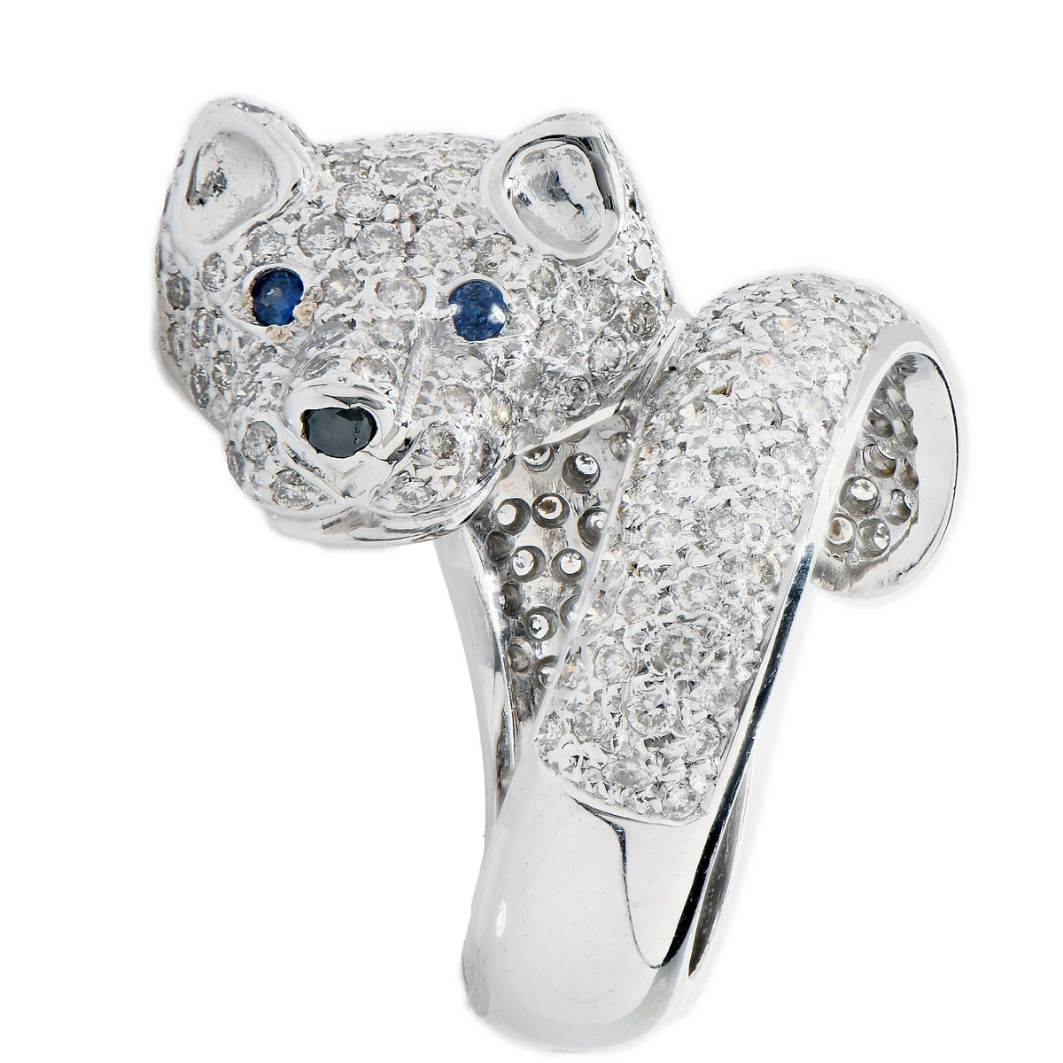 Wolf Motif Ring with Diamonds and Sapphires in 18 Karat White Gold