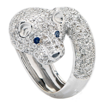 Wolf Motif Ring with Diamonds and Sapphires in 18 Karat White Gold