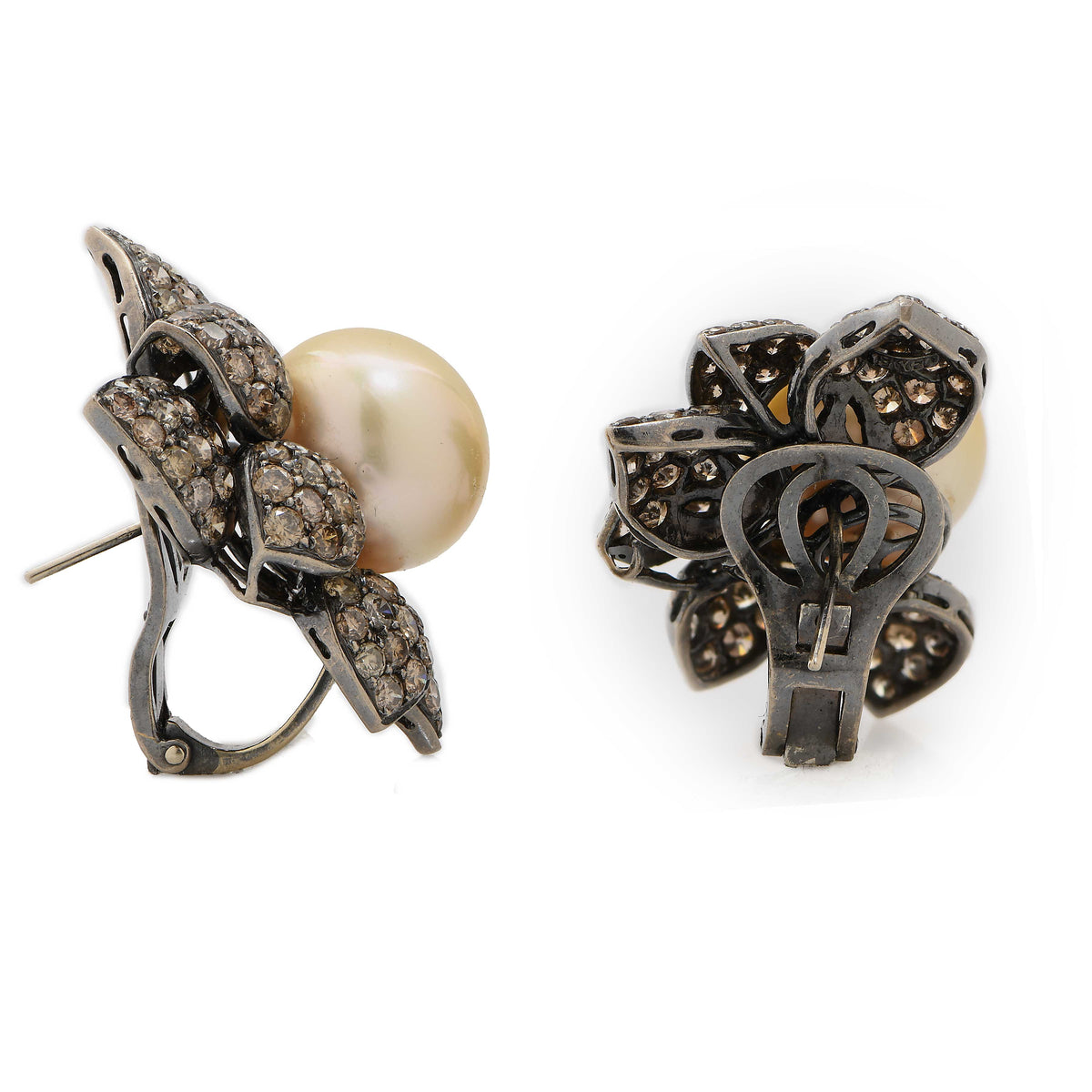 14 MM Golden Pearl and Diamond Earrings in 18 Karat White Gold