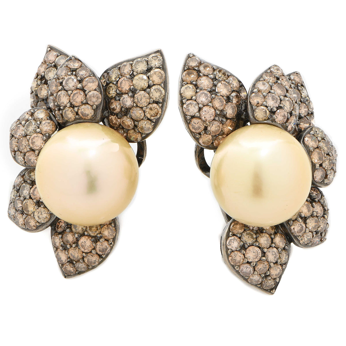 14 MM Golden Pearl and Diamond Earrings in 18 Karat White Gold