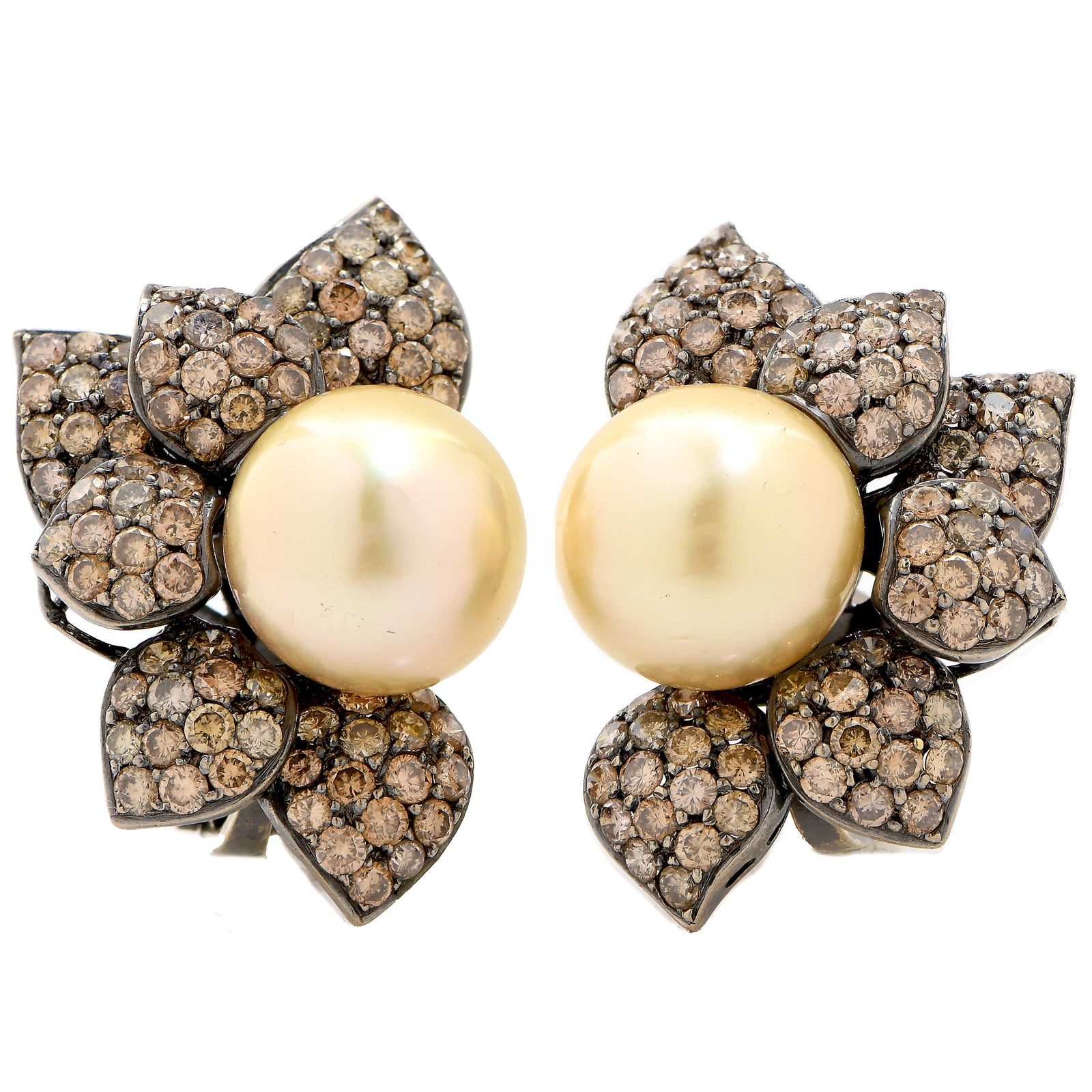 14 MM Golden Pearl and Diamond Earrings in 18 Karat White Gold