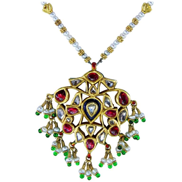Reversible Enamel Seed Pearl Cut Diamond Gold Indian Necklace