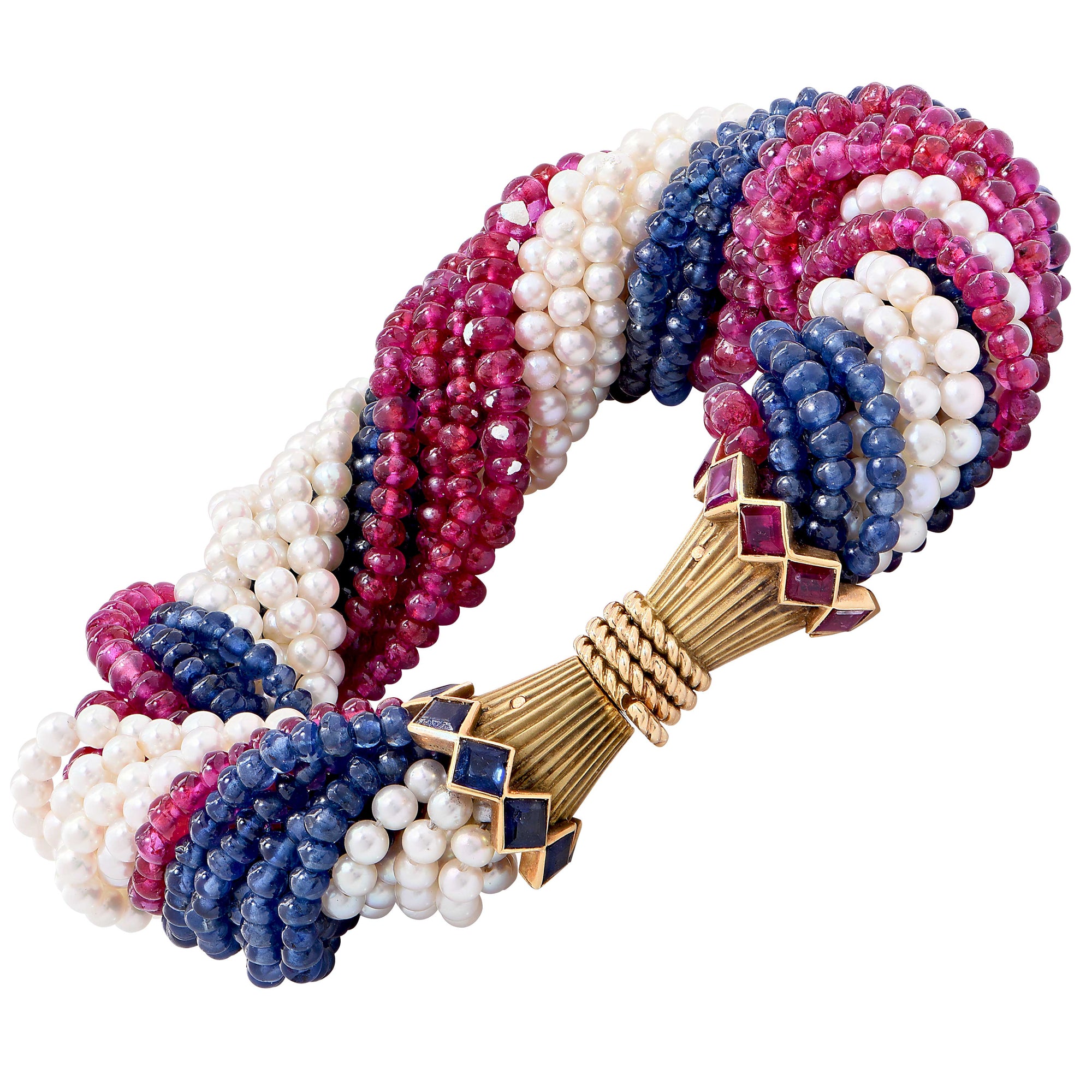 Marchak Paris Sapphire Ruby Pearl Gold Torsade Bracelet