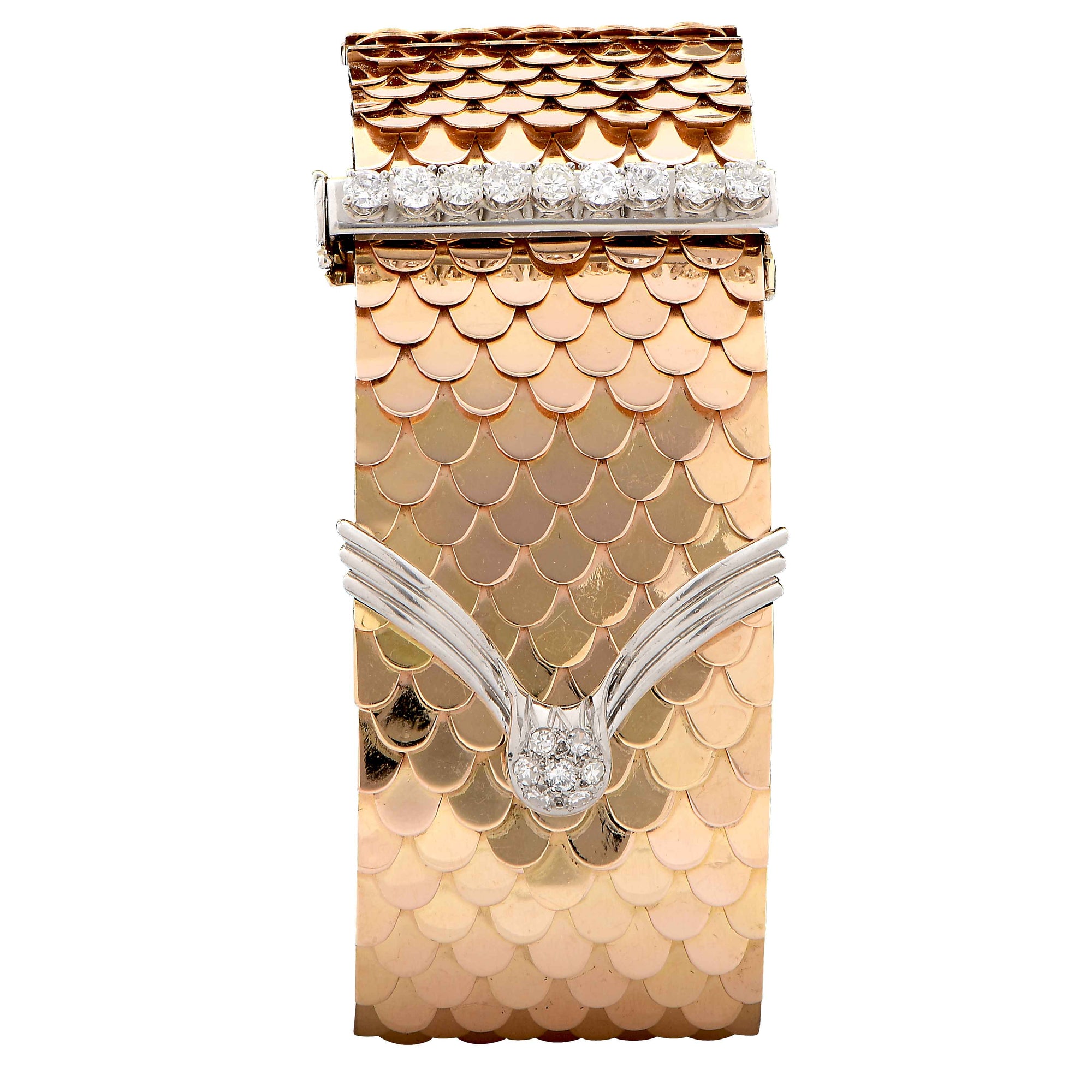 Retro 18 Karat Yellow Gold Scale Diamond Buckle Bracelet