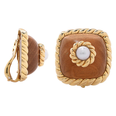1980s Trianon Wood and Pearl Yellow Gold Earrings