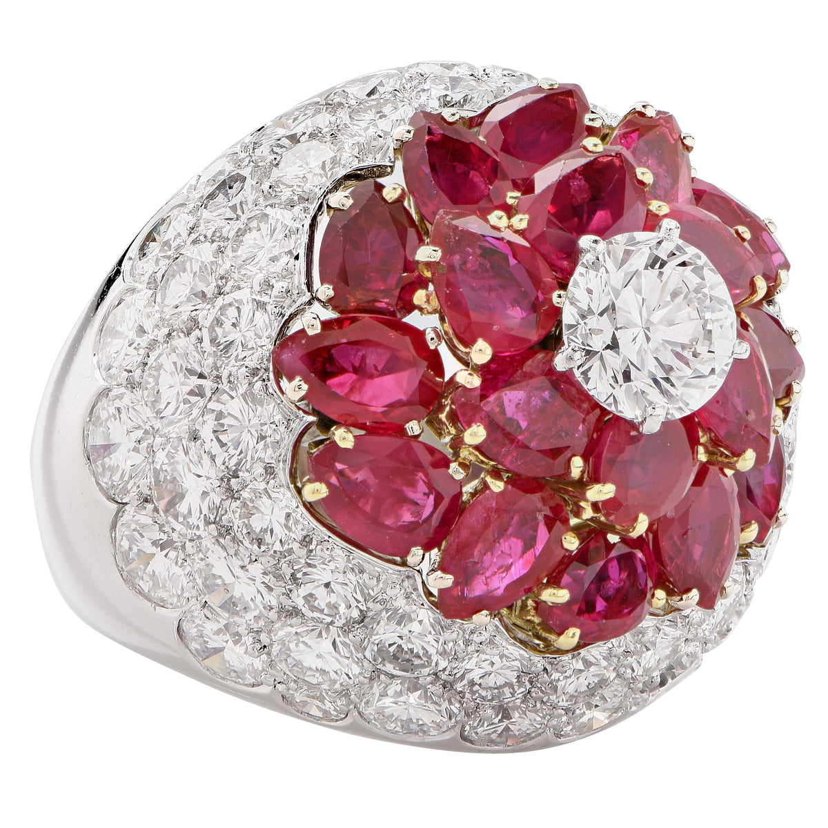 French Bombe Flowerhead 5 Carat Burmese Ruby and 7 Carat Diamond Platinum Ring