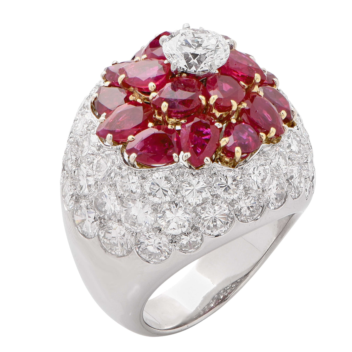 French Bombe Flowerhead 5 Carat Burmese Ruby and 7 Carat Diamond Platinum Ring