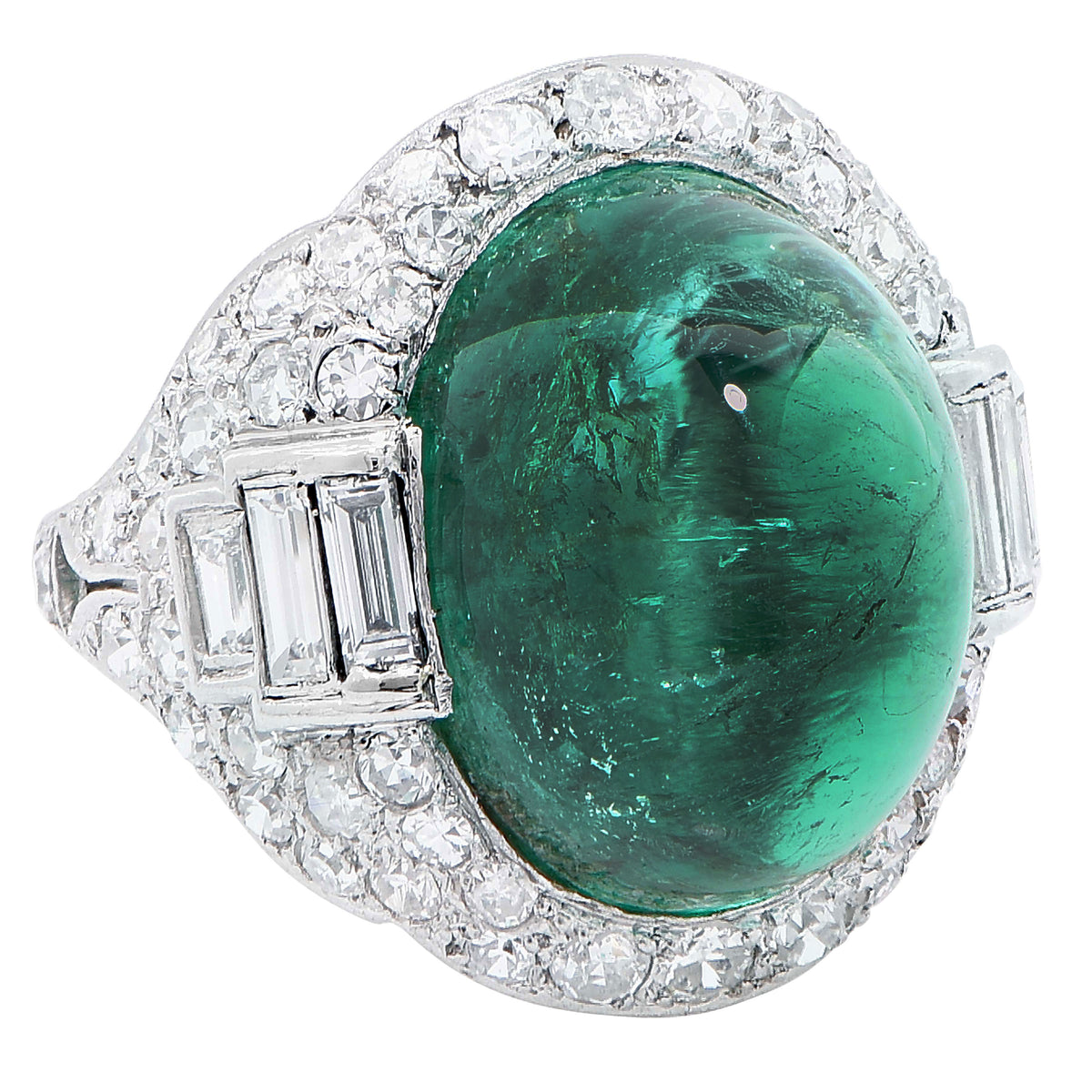 Art Deco 14.75 Carat Sugarloaf Cabochon Cut Colombian Emerald Diamond Ring