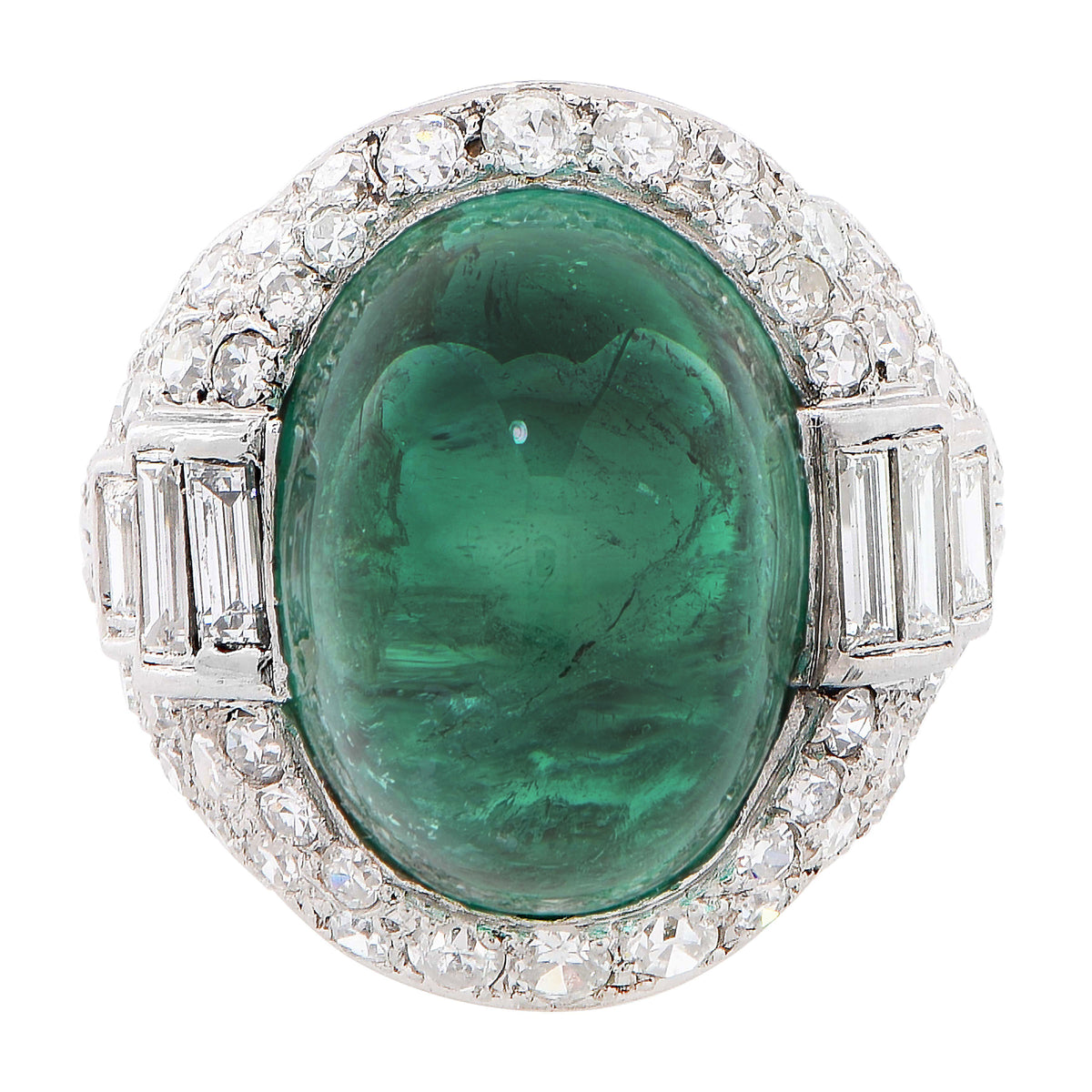 Art Deco 14.75 Carat Sugarloaf Cabochon Cut Colombian Emerald Diamond Ring