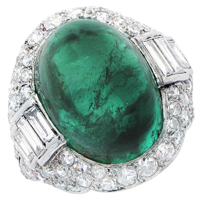 Art Deco 14.75 Carat Sugarloaf Cabochon Cut Colombian Emerald Diamond Ring