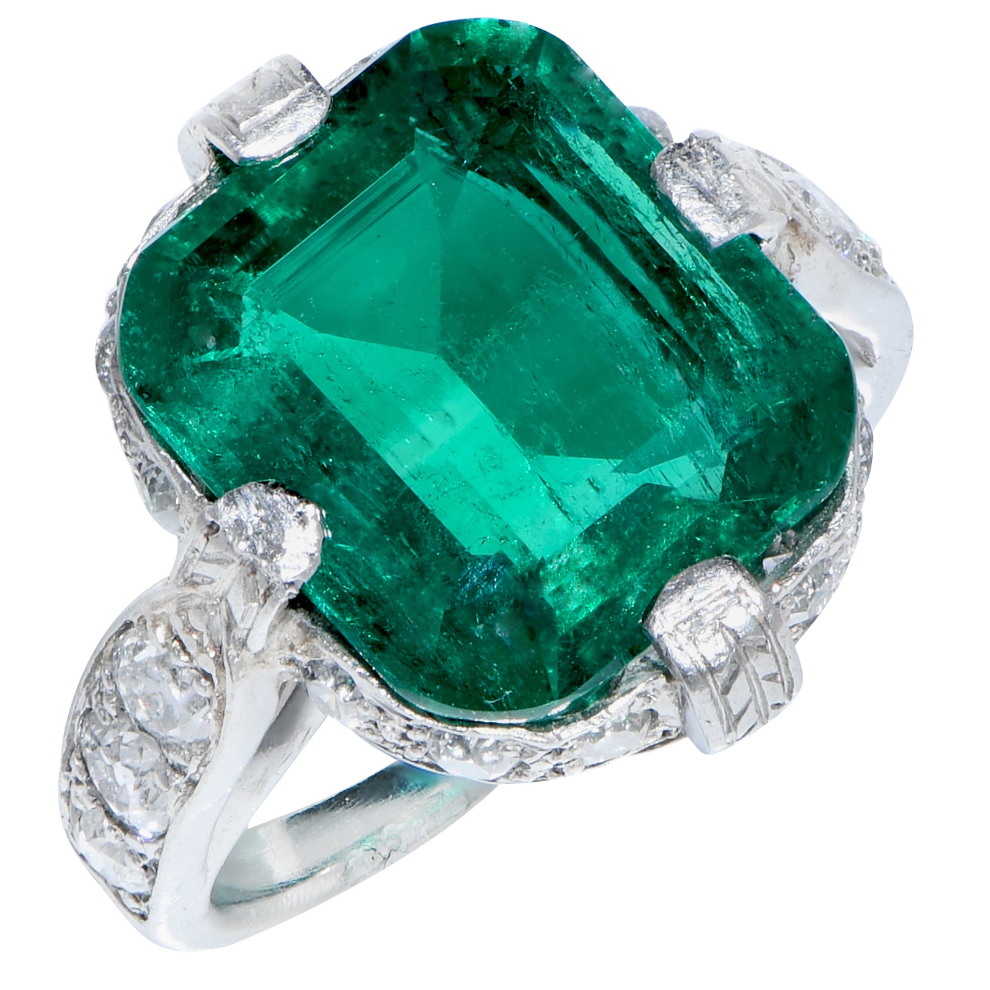 Stunning Columbia Emerald Diamond Platinum Three Stone Engagement Ring –  Dandelion Antiques