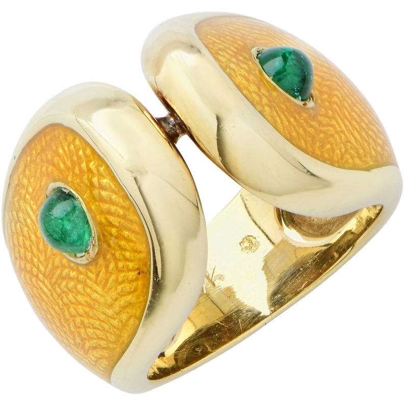 Carvin French Patterned Owl Emerald and Yellow Enamel 18 Karat Yellow Gold Ring