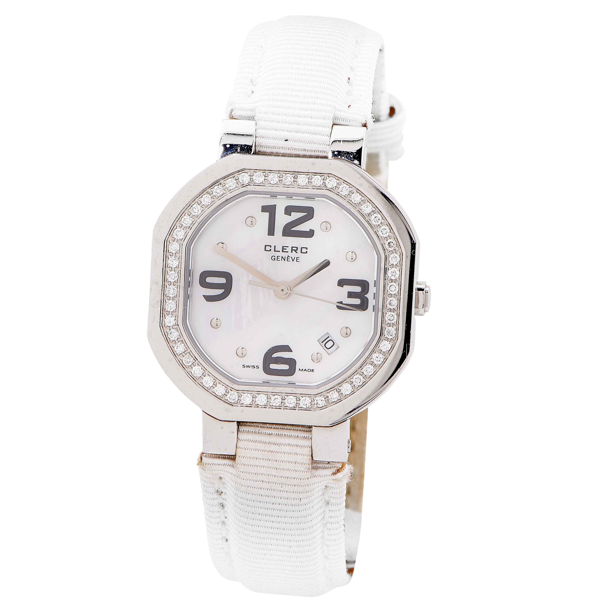 Clerc Ladies Stainless Steel Mother-of-Pearl Dial Diamond Bezel Wristwatch With White Leather Strap