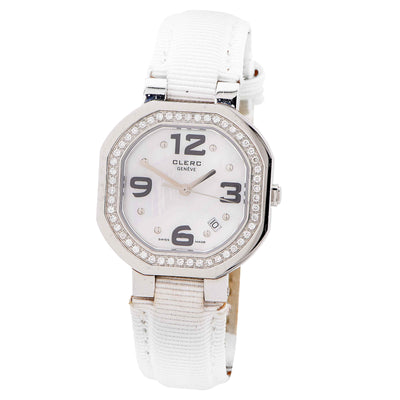 Clerc Ladies Stainless Steel Mother-of-Pearl Dial Diamond Bezel Wristwatch With White Leather Strap