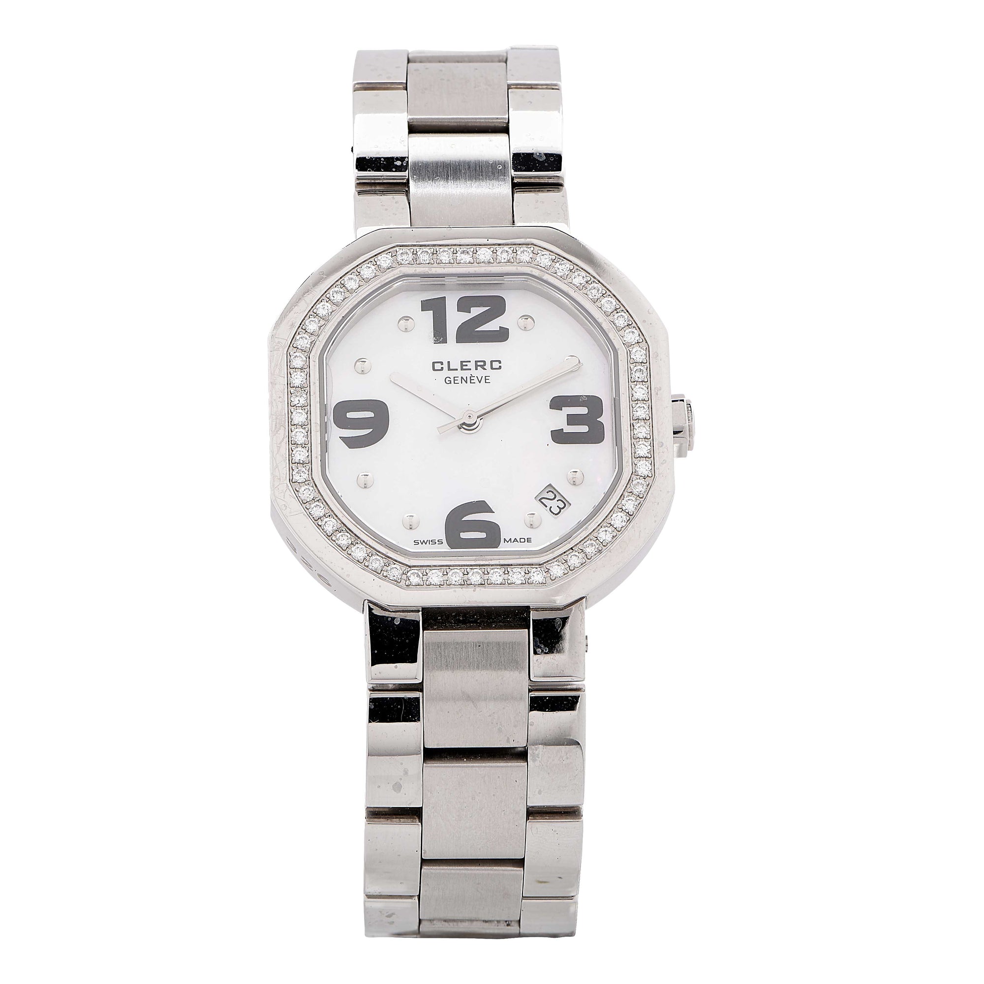 Clerc Iadies Stainless Steel Mother-of-Pearl Dial Diamond Bezel Wristwatch