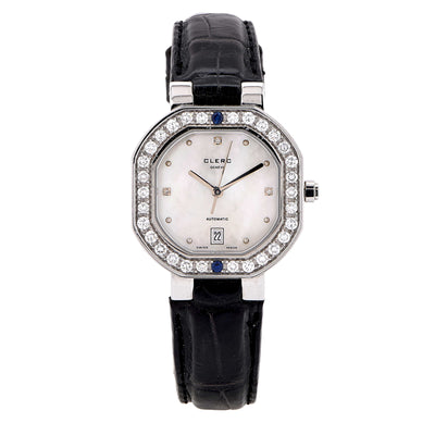 Clerc Ladies Stainless Steel Mother-of-Pearl Dial Diamond Bezel Wristwatch With Black Leather Strap