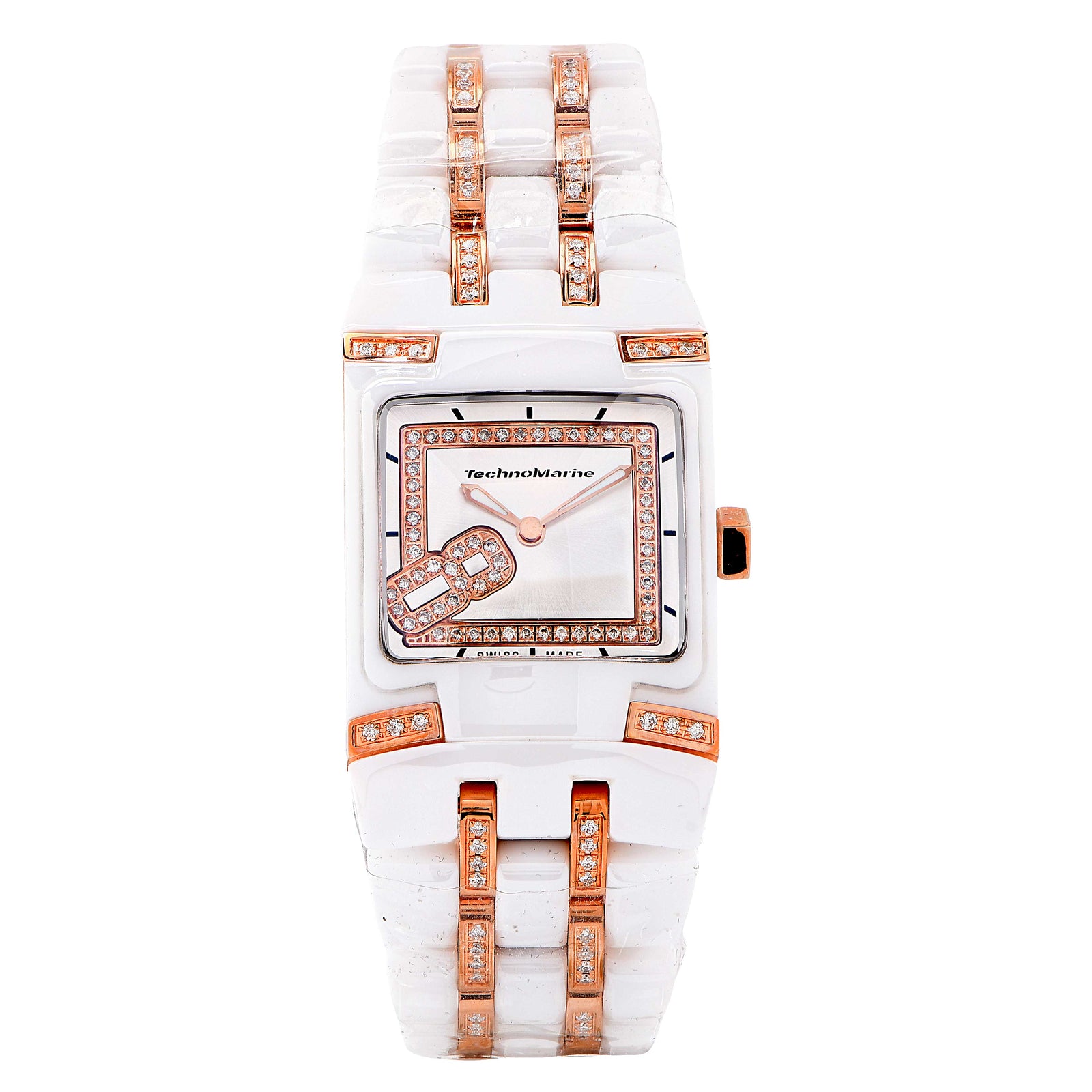 Technomarine Ladies Rose Gold White Ceramic Diamonds Mini Square Wristwatch