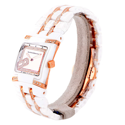 Technomarine Ladies Rose Gold White Ceramic Diamonds Mini Square Wristwatch