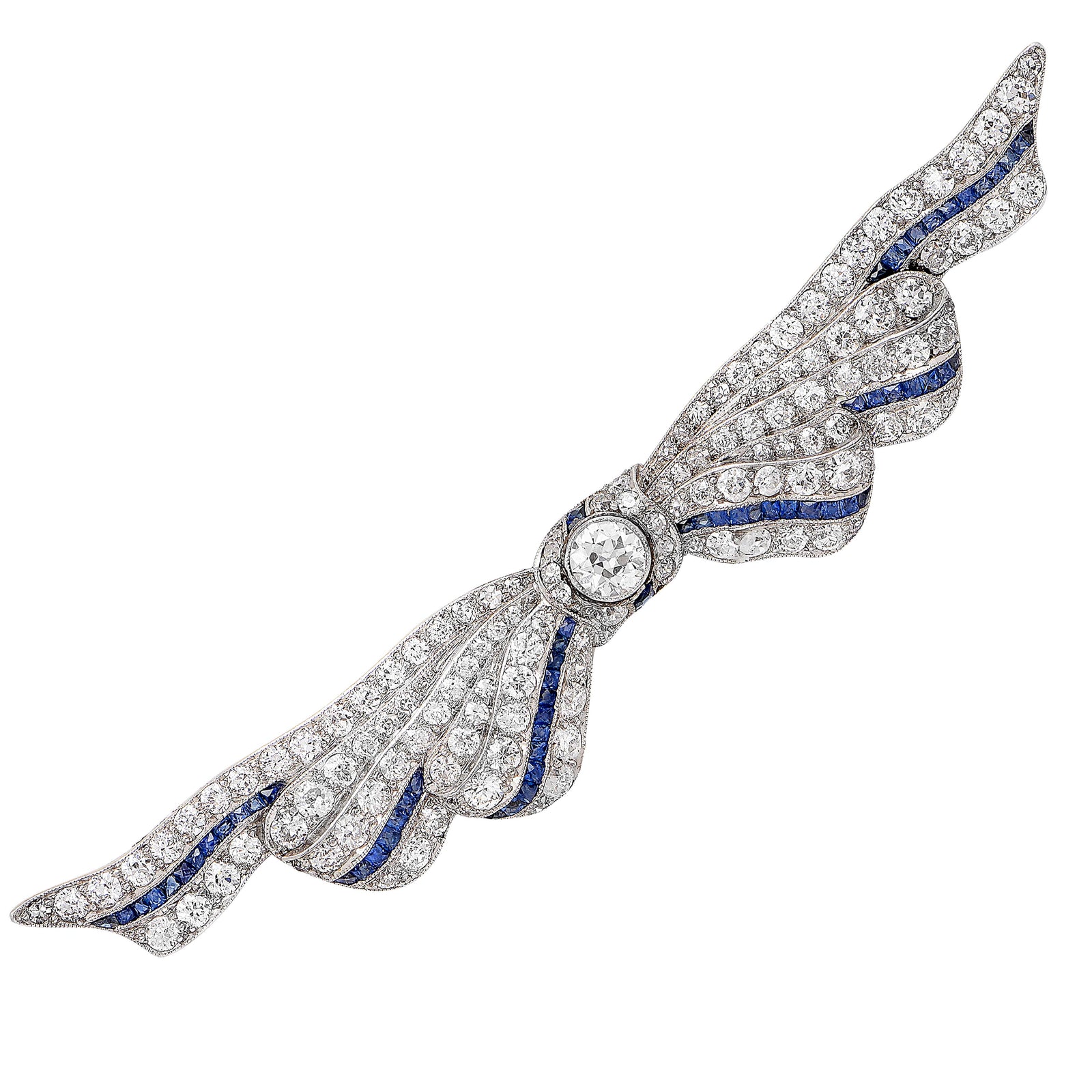 3 Carat Diamond and Sapphire Art Deco Ribbon Platinum Brooch. Circa 1930