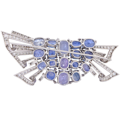 Midcentury Design Blue and Purple Sapphire and Diamond Platinum Brooch