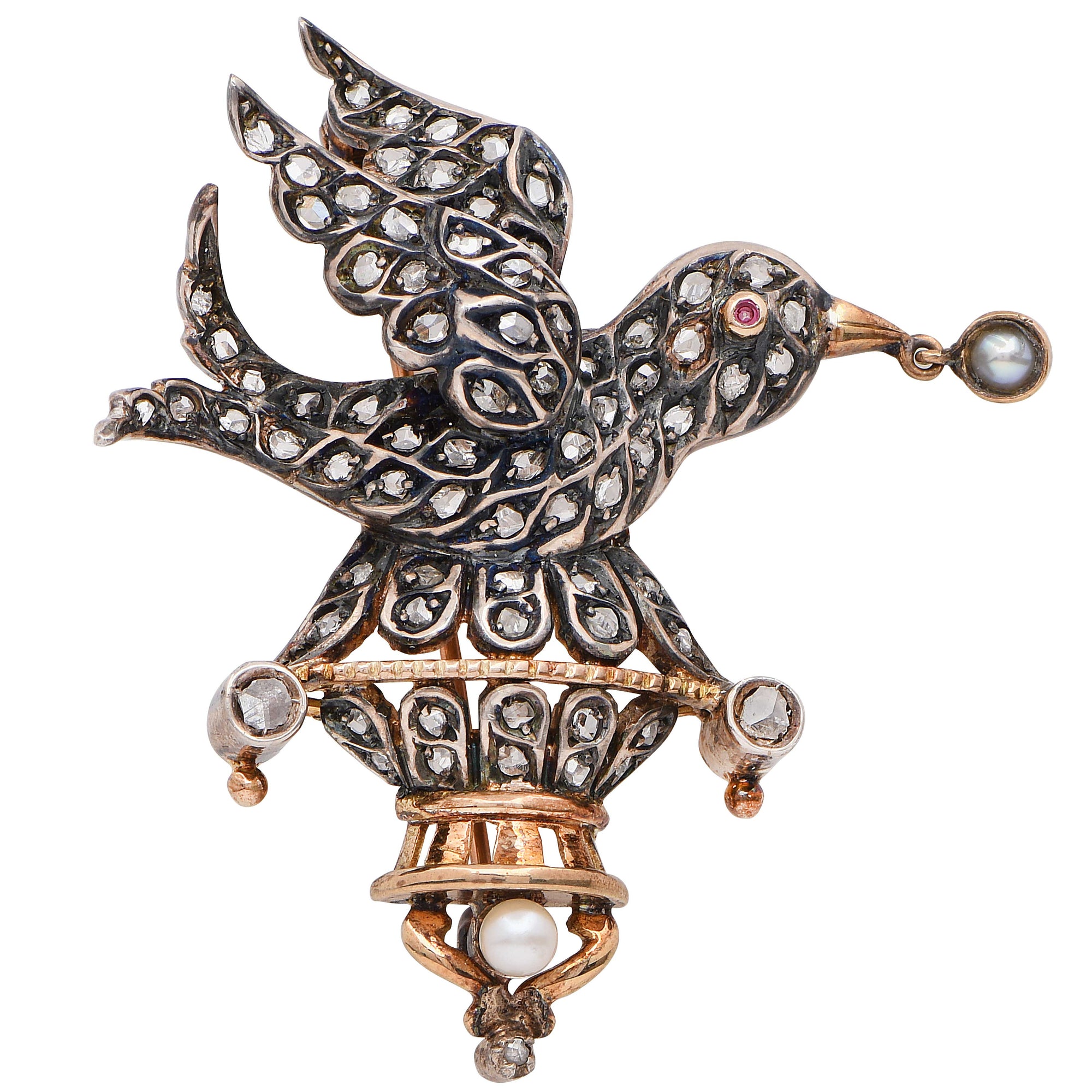 Victorian Bird Brooch with Rose Cut Diamonds Set in Silver-Topped Gold