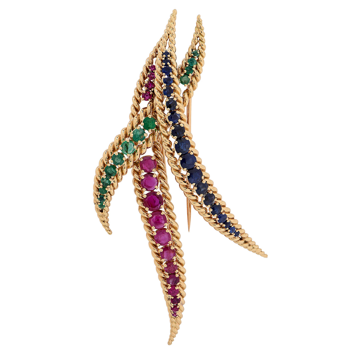 1980s Large Mauboussin Ruby Sapphire Emerald Yellow Gold Brooch