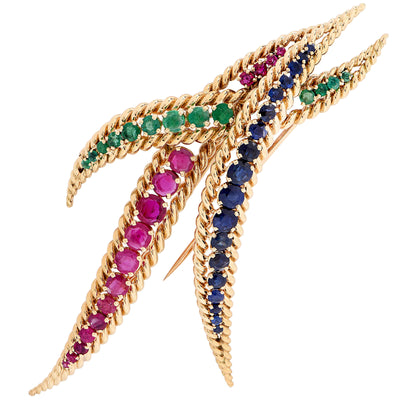 1980s Large Mauboussin Ruby Sapphire Emerald Yellow Gold Brooch
