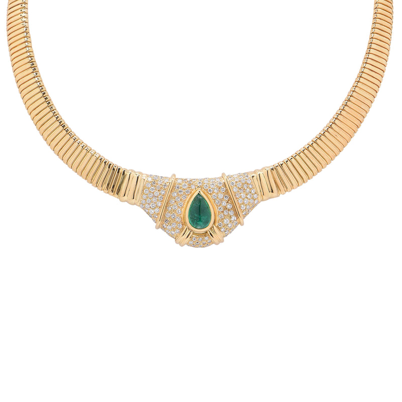 3 Carat Natural Cabochon Drop Emerald Diamond Gold Tubogas Necklace