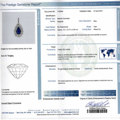Galt 4 Carat AGL Graded Ceylon No Heat Pear Shape Sapphire and Diamond Pendant