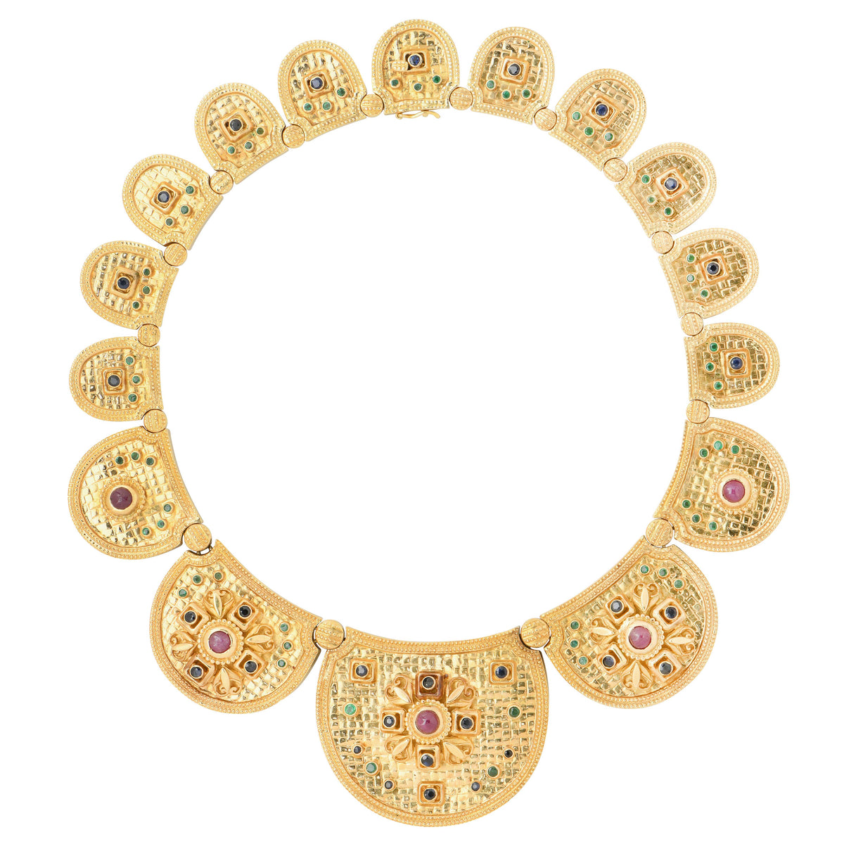 Ilias Lalaounis Etruscan Necklace with Rubies, Sapphires and Emeralds 18 Karat