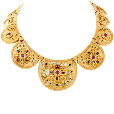 Ilias Lalaounis Etruscan Necklace with Rubies, Sapphires and Emeralds 18 Karat