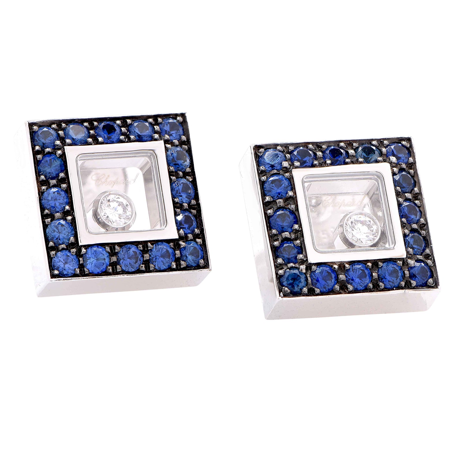 Chopard Happy Diamonds Sapphire and Diamond Square  White Gold Earrings