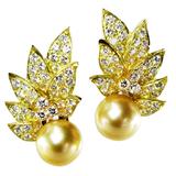 12  MM Golden South Sea Cultured Pearl Diamond Gold Ear Clips.