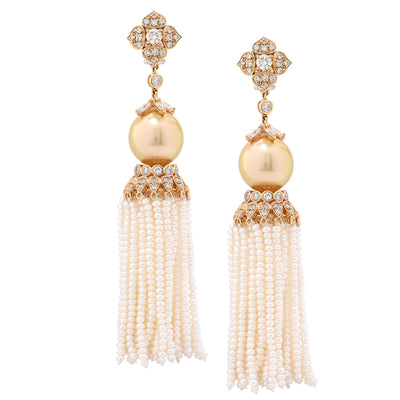 4.05 Carat Diamond and Golden South Sea Pearl Ear Clips with Removable Tassel