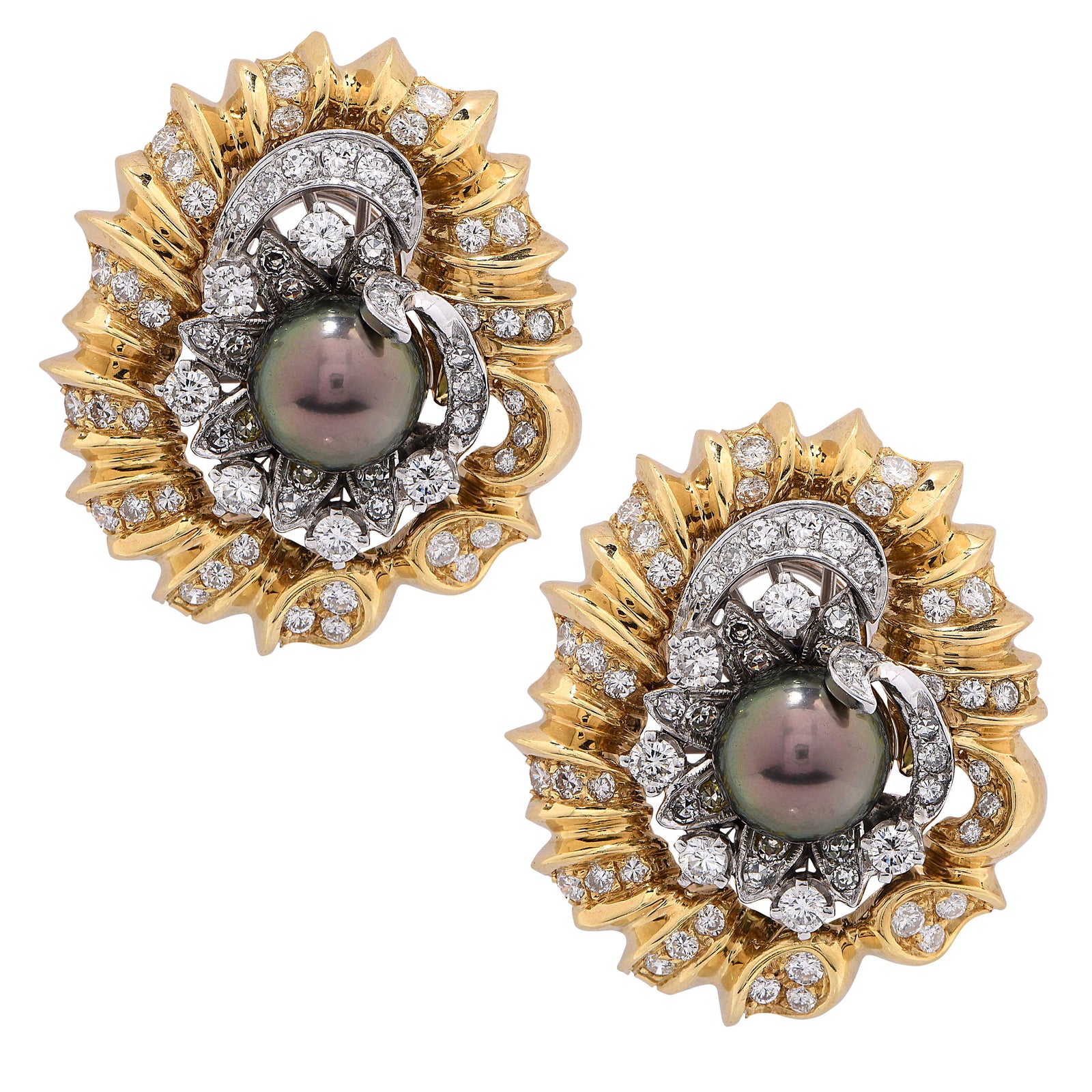 9.8mm Tahitian Pearls 3.5 Carats Diamonds Gold Ear Clips